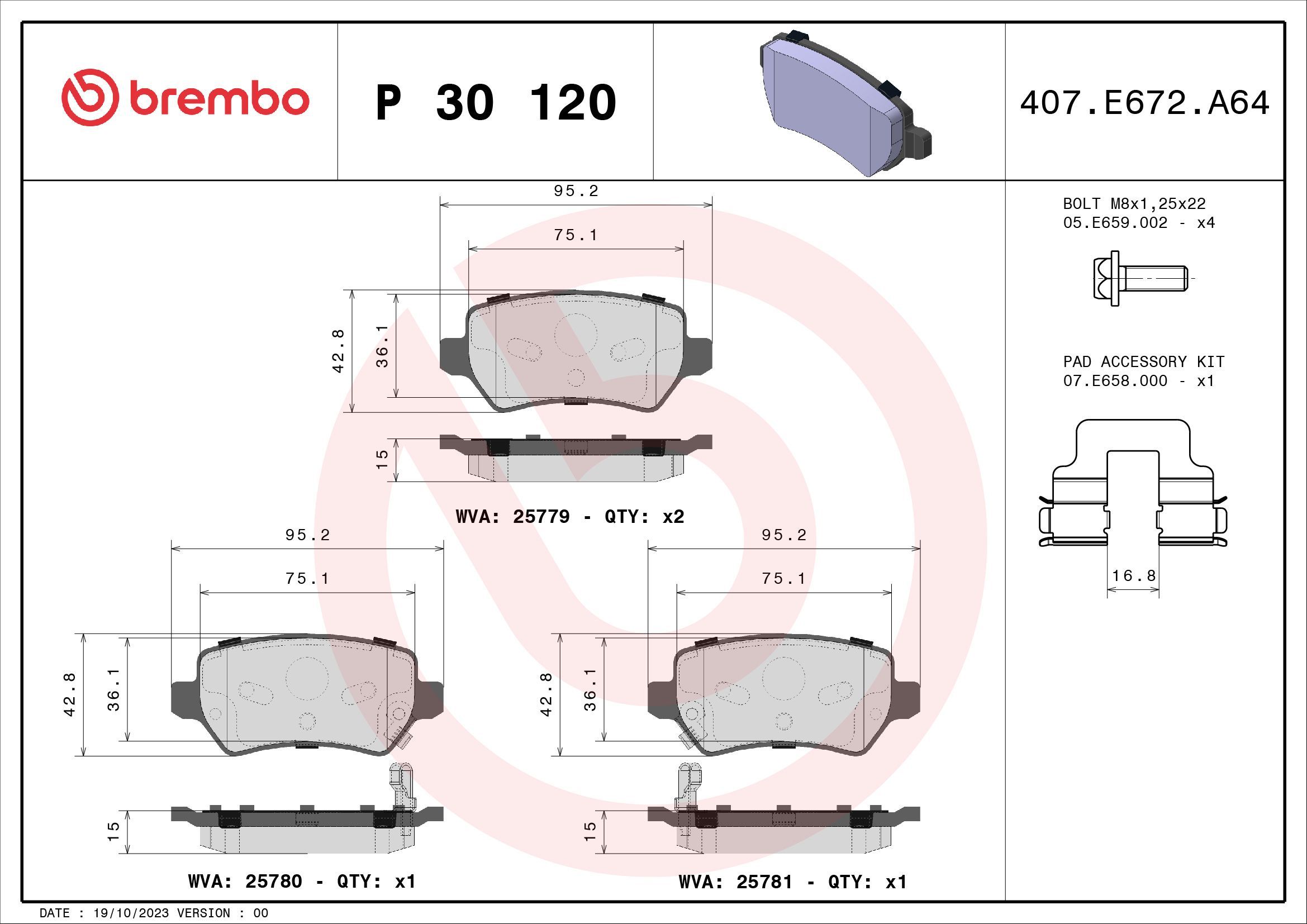 Stabdžių trinkelių rinkinys, diskinis stabdys BREMBO P 30 120