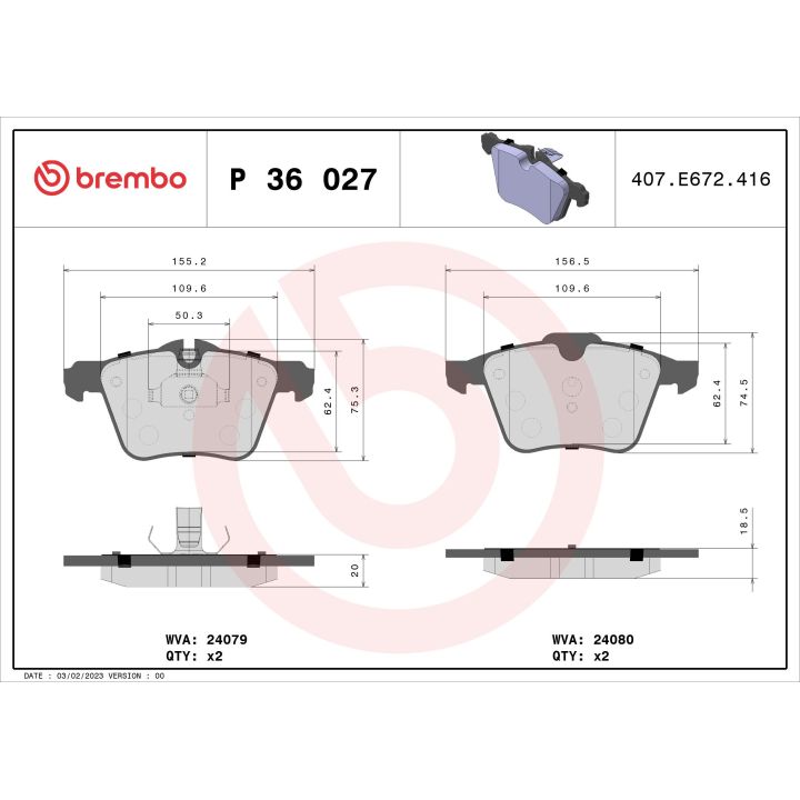 Stabdžių trinkelių rinkinys, diskinis stabdys BREMBO P 36 027