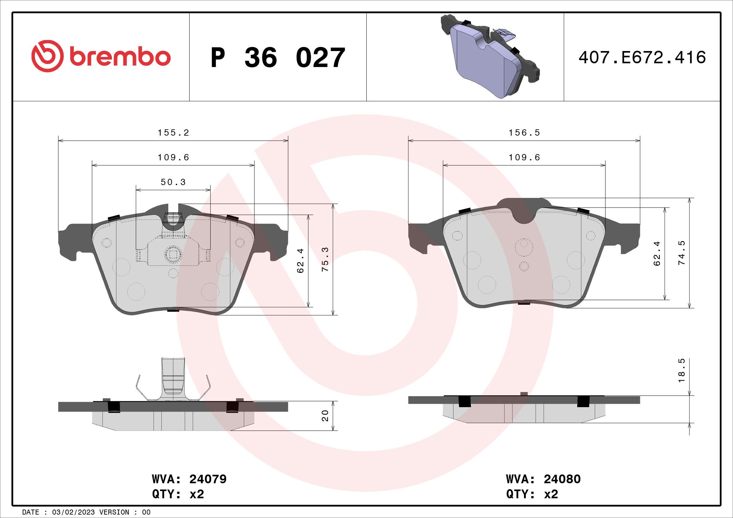 Stabdžių trinkelių rinkinys, diskinis stabdys BREMBO P 36 027