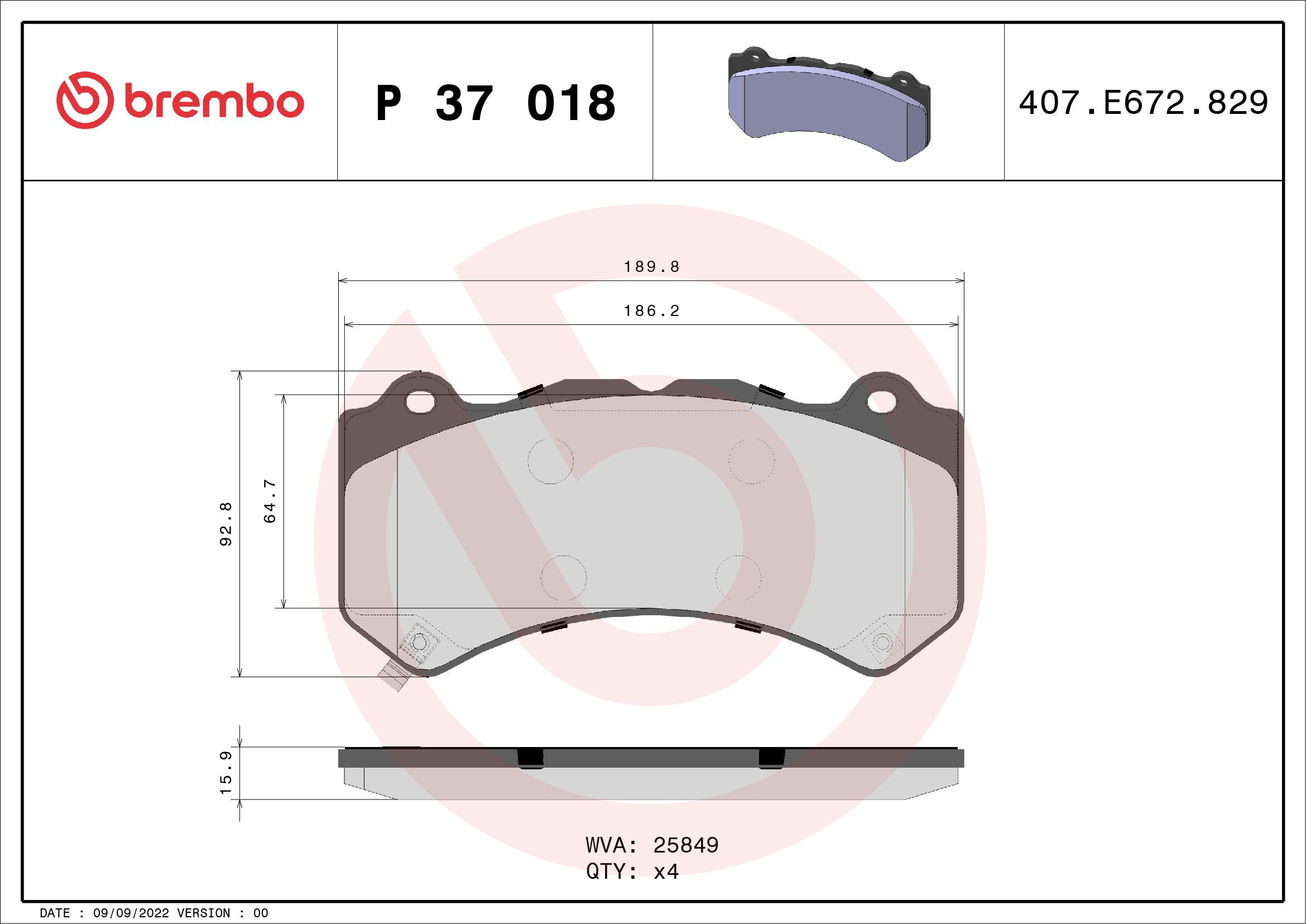 Stabdžių trinkelių rinkinys, diskinis stabdys BREMBO P 37 018