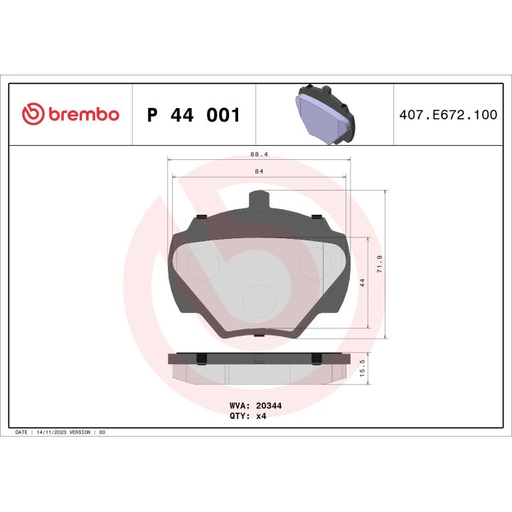 Stabdžių trinkelių rinkinys, diskinis stabdys BREMBO P 44 001