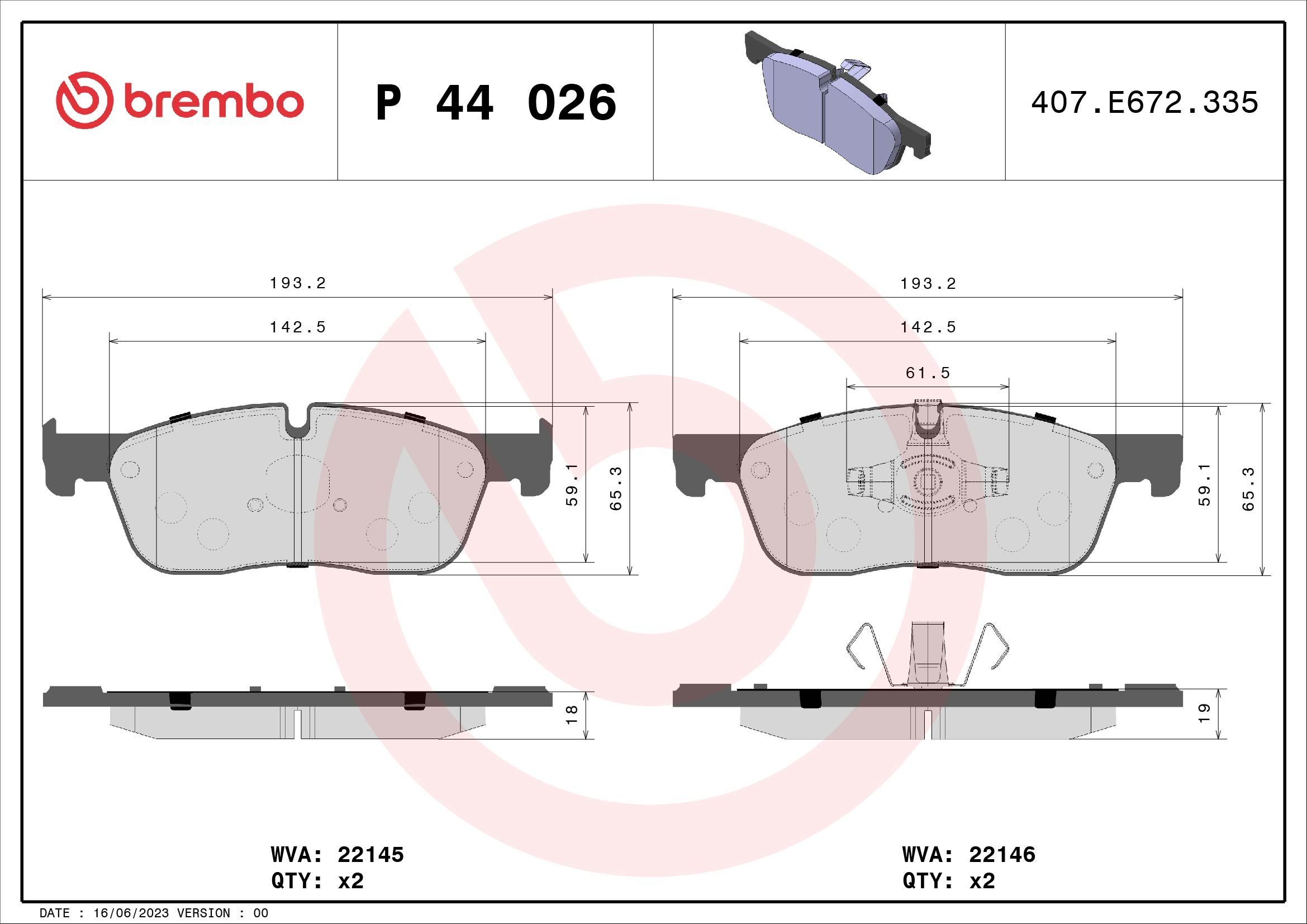 Stabdžių trinkelių rinkinys, diskinis stabdys BREMBO P 44 026