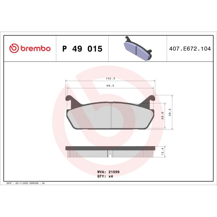 Stabdžių trinkelių rinkinys, diskinis stabdys BREMBO P 49 015