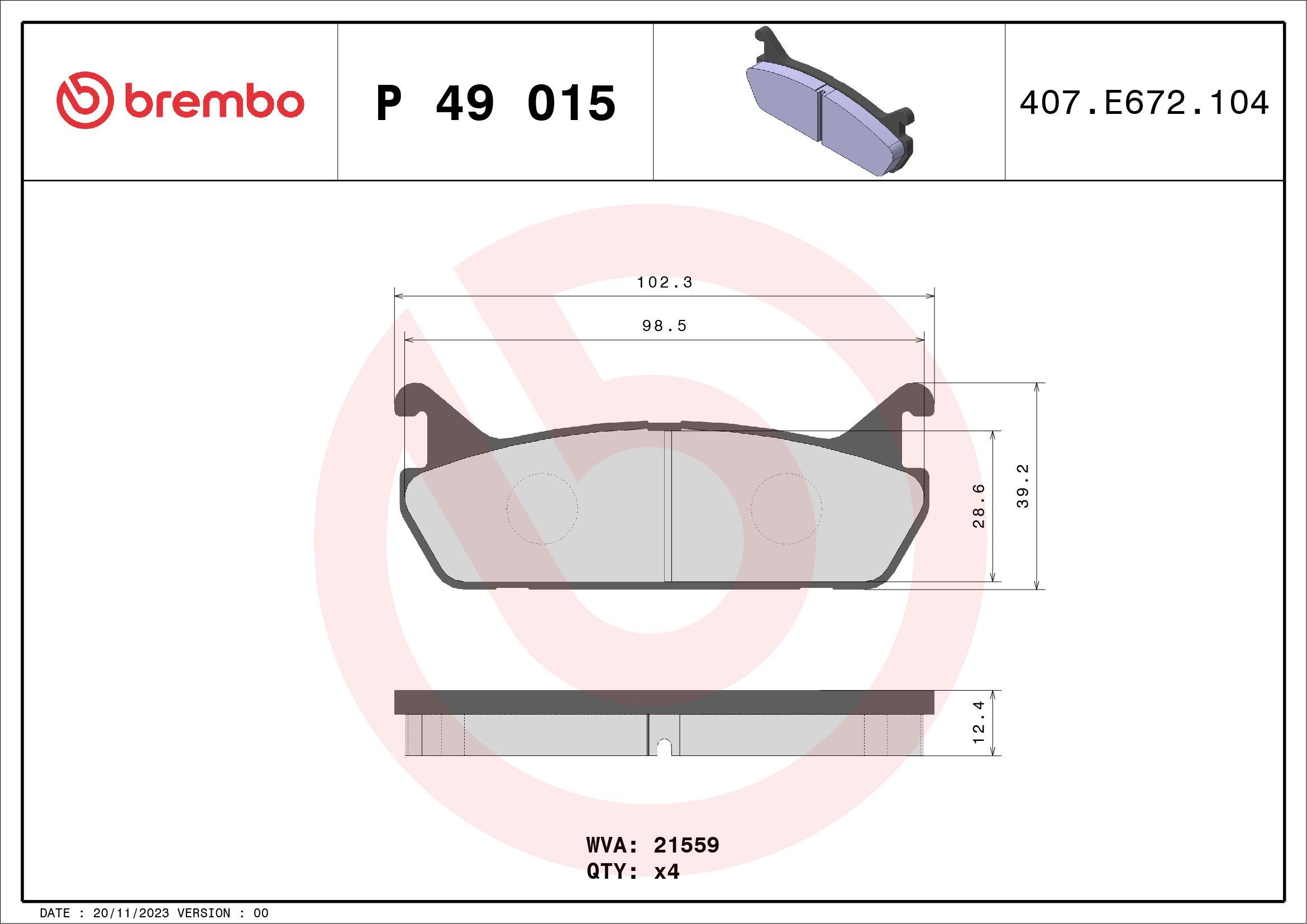 Stabdžių trinkelių rinkinys, diskinis stabdys BREMBO P 49 015