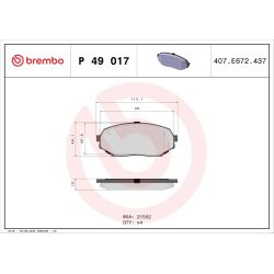 Stabdžių trinkelių rinkinys, diskinis stabdys BREMBO P 49 017