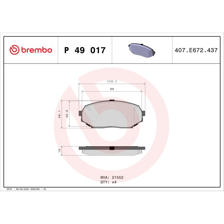 Stabdžių trinkelių rinkinys, diskinis stabdys BREMBO P 49 017