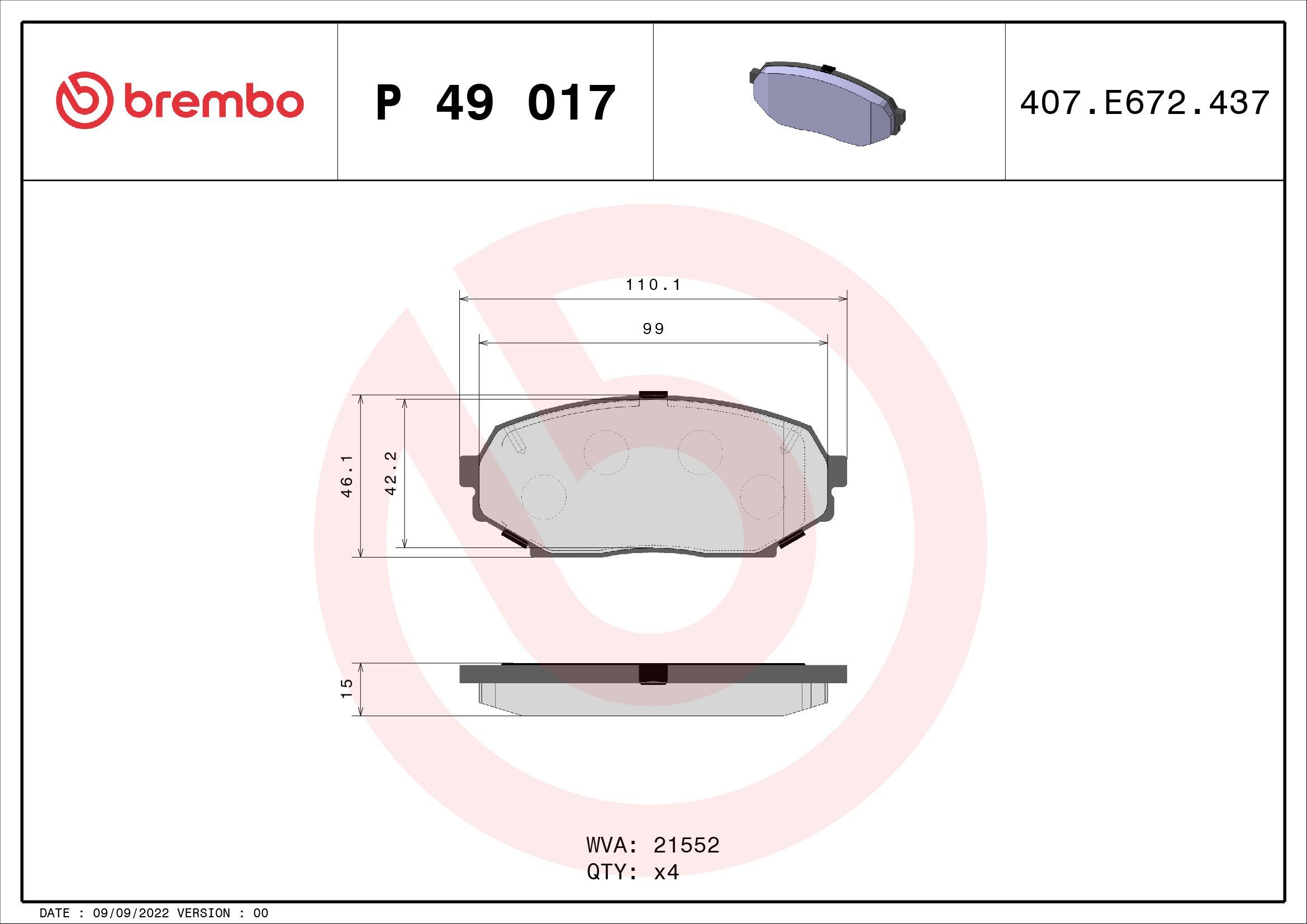Stabdžių trinkelių rinkinys, diskinis stabdys BREMBO P 49 017