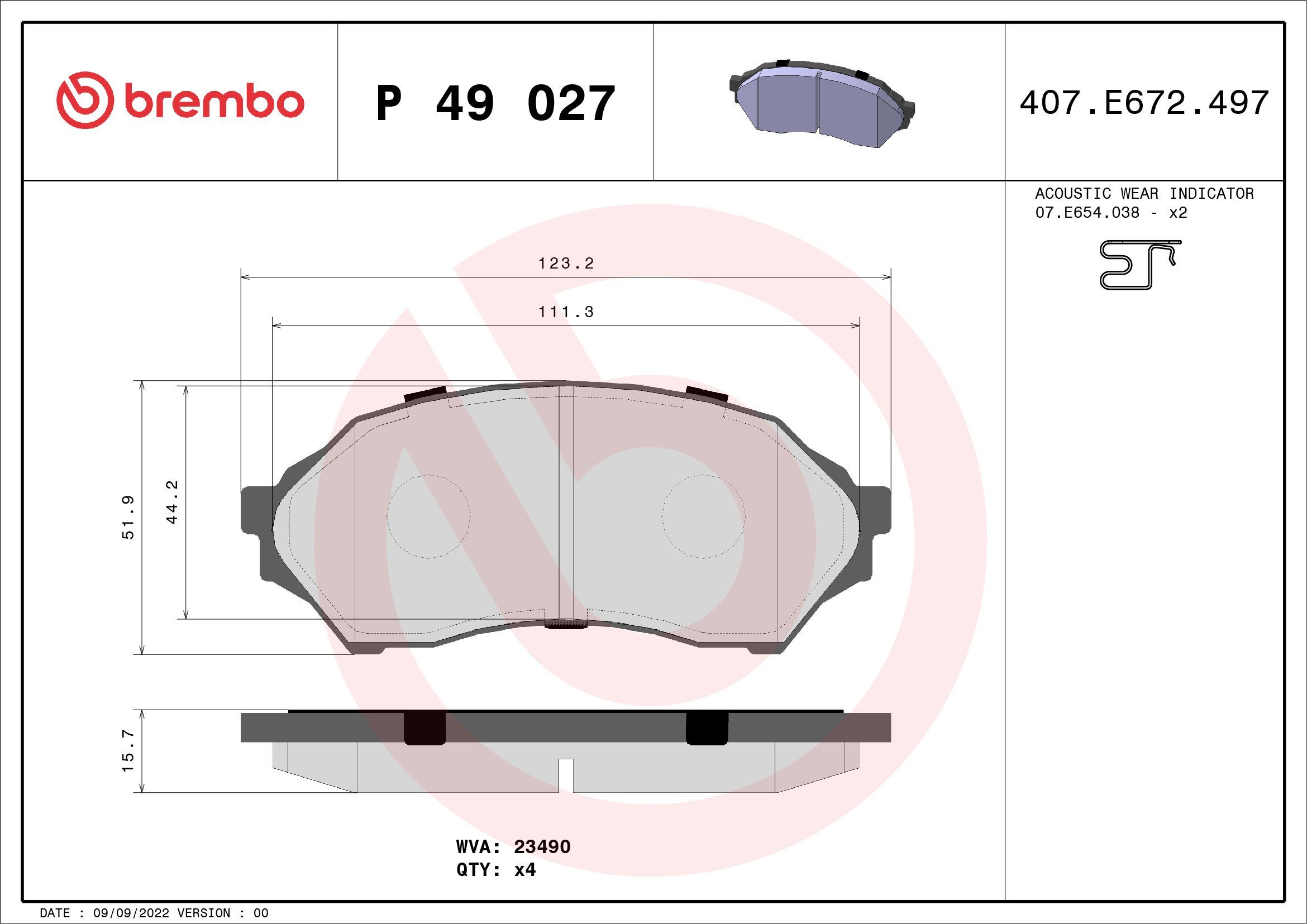 Stabdžių trinkelių rinkinys, diskinis stabdys BREMBO P 49 027