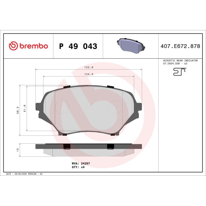 Stabdžių trinkelių rinkinys, diskinis stabdys BREMBO P 49 043