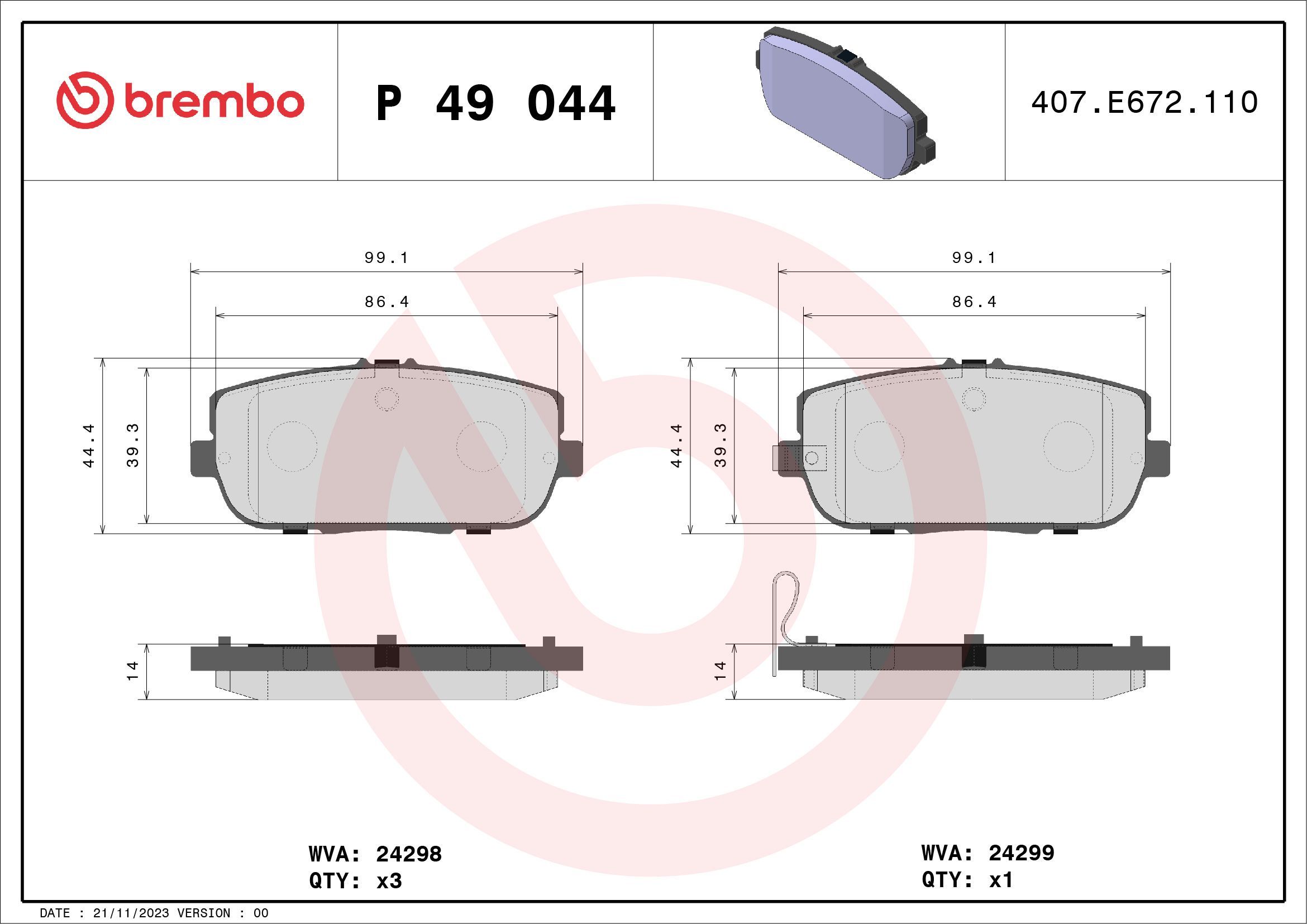 Stabdžių trinkelių rinkinys, diskinis stabdys BREMBO P 49 044