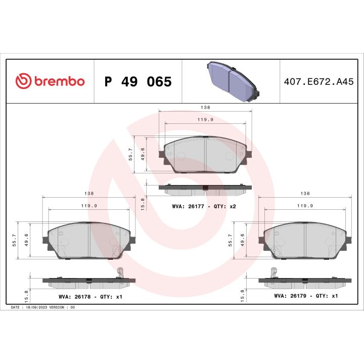Stabdžių trinkelių rinkinys, diskinis stabdys BREMBO P 49 065