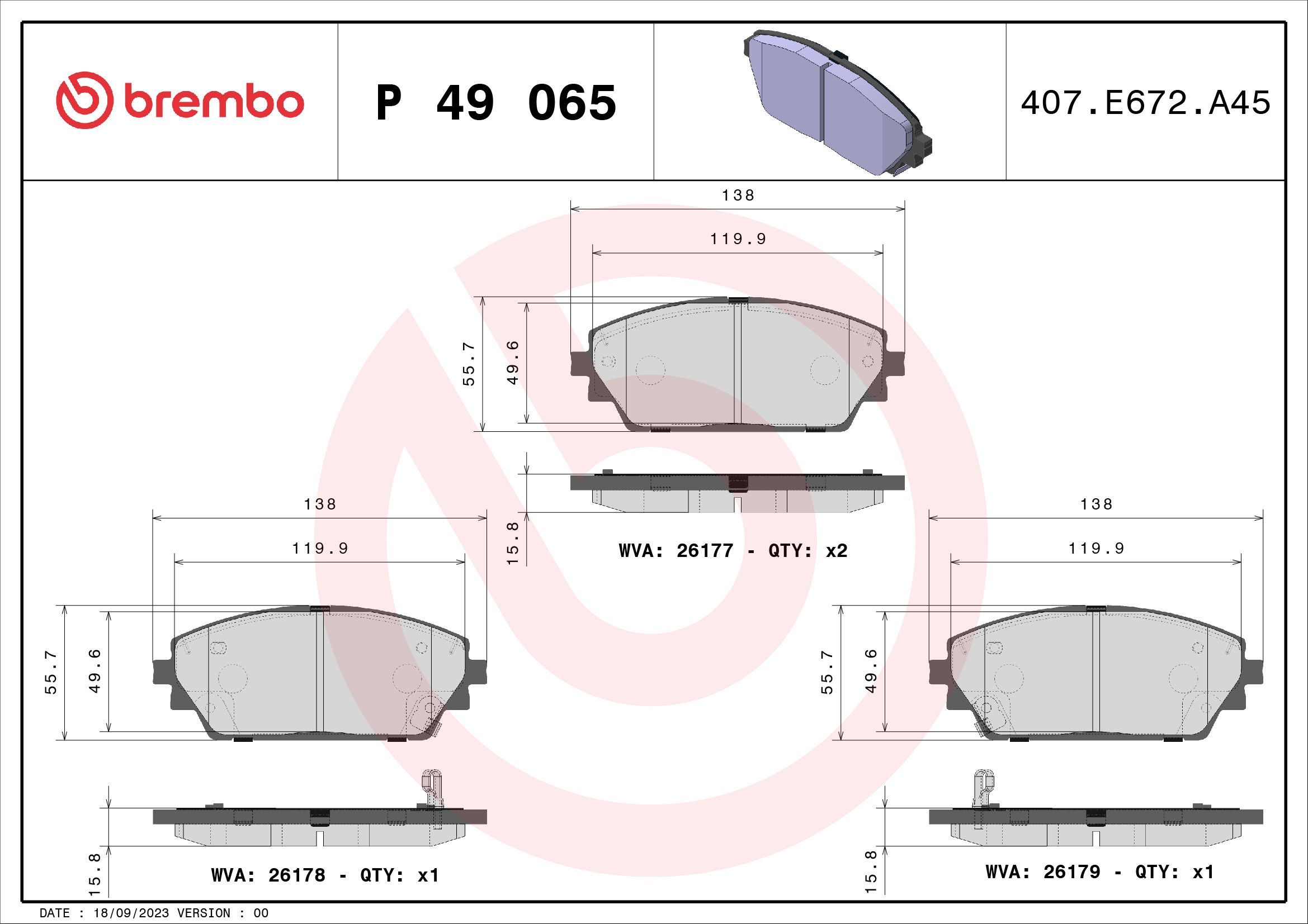Stabdžių trinkelių rinkinys, diskinis stabdys BREMBO P 49 065