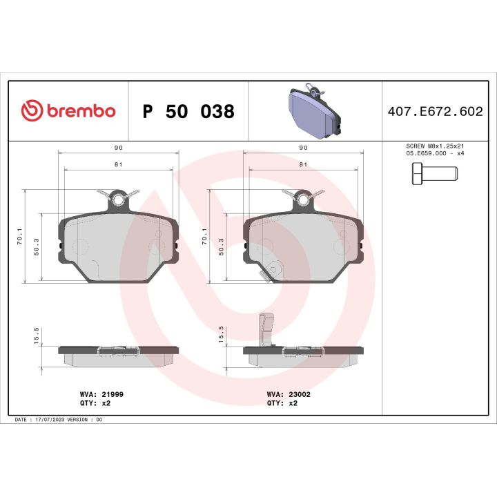 Stabdžių trinkelių rinkinys, diskinis stabdys BREMBO P 50 038