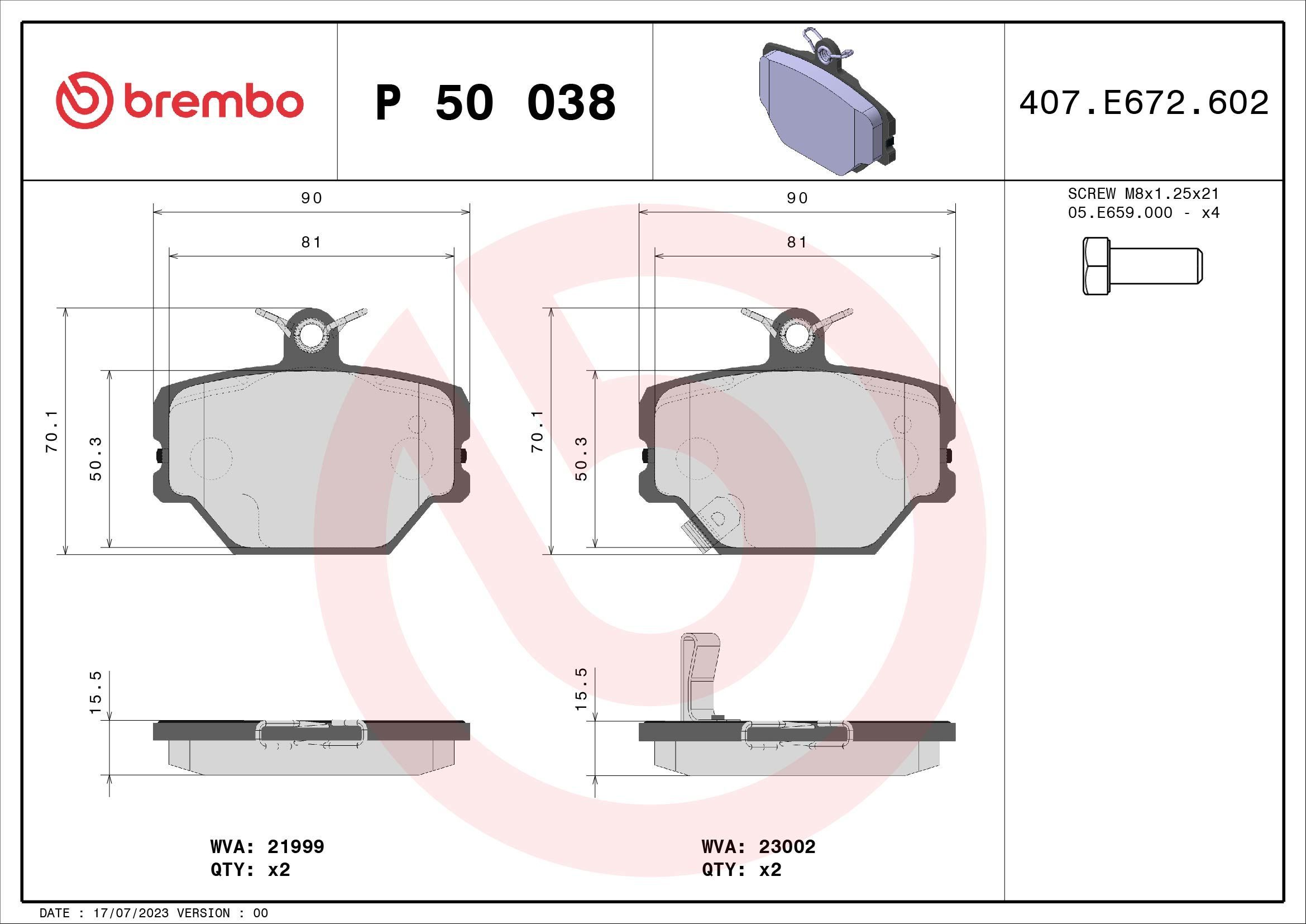 Stabdžių trinkelių rinkinys, diskinis stabdys BREMBO P 50 038