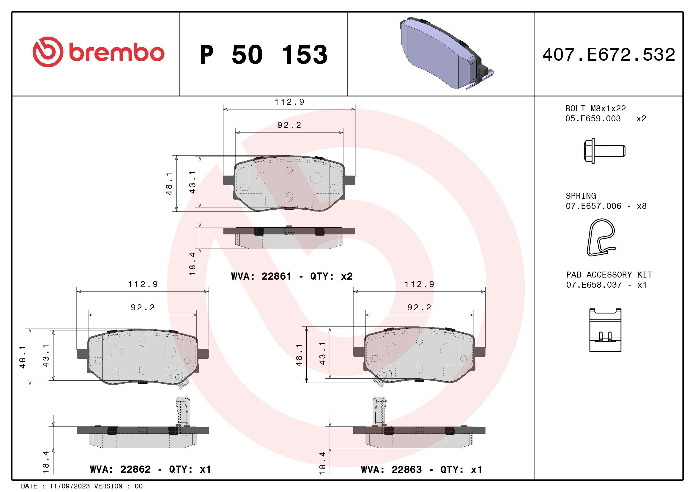 Stabdžių trinkelių rinkinys, diskinis stabdys BREMBO P 50 153