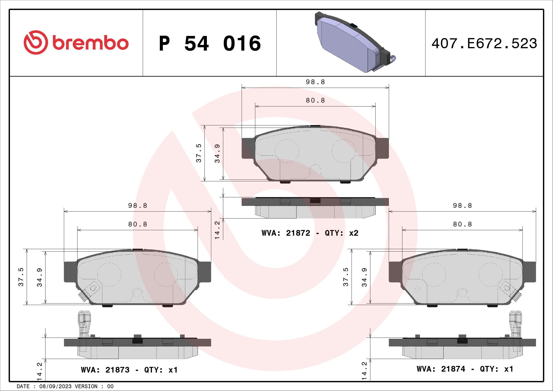 Stabdžių trinkelių rinkinys, diskinis stabdys BREMBO P 54 016