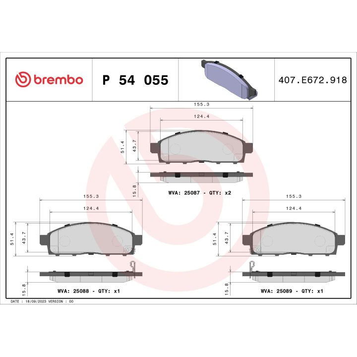 Stabdžių trinkelių rinkinys, diskinis stabdys BREMBO P 54 055