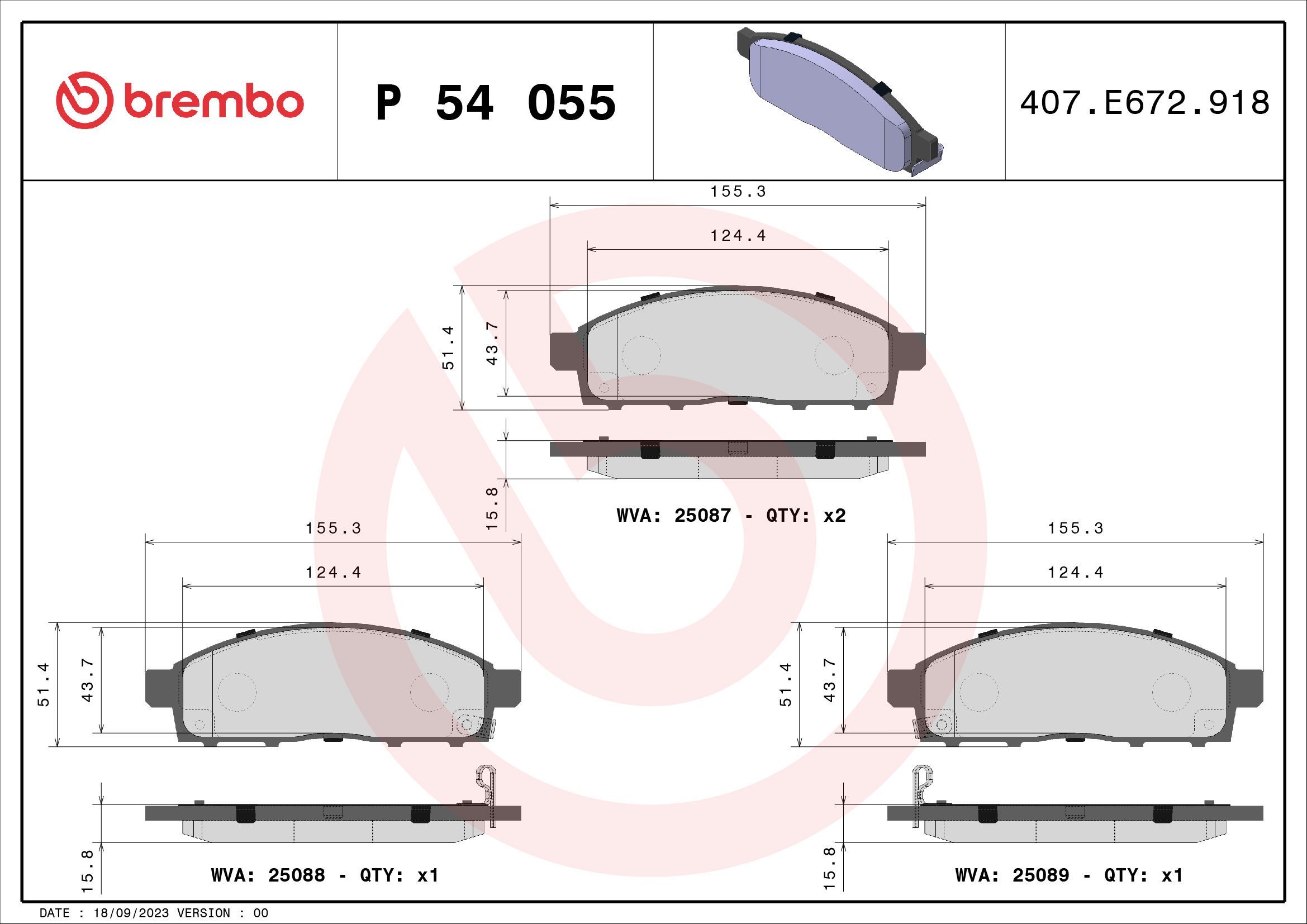 Stabdžių trinkelių rinkinys, diskinis stabdys BREMBO P 54 055