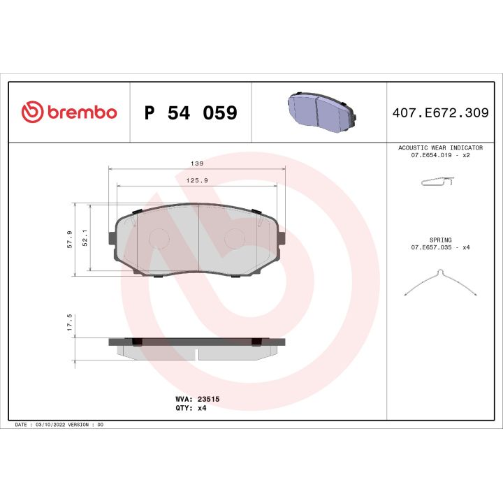 Stabdžių trinkelių rinkinys, diskinis stabdys BREMBO P 54 059