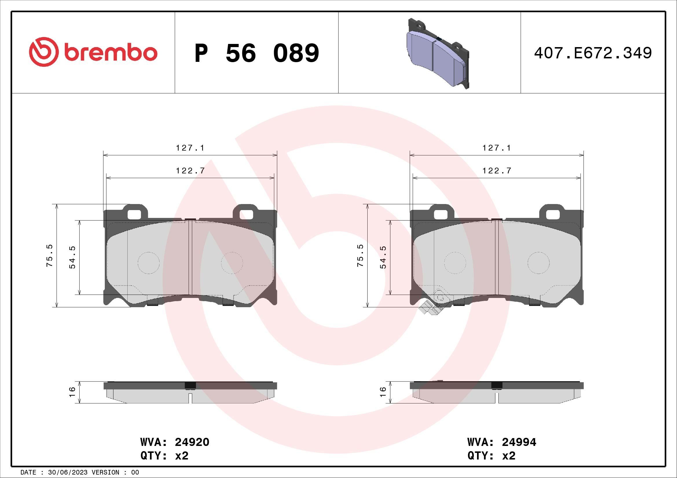 Stabdžių trinkelių rinkinys, diskinis stabdys BREMBO P 56 089