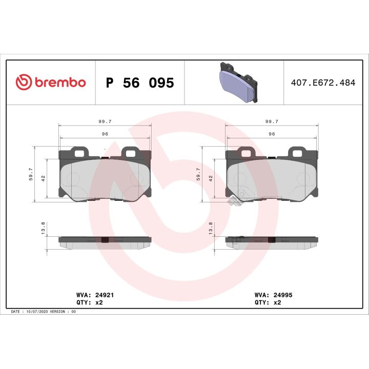 Stabdžių trinkelių rinkinys, diskinis stabdys BREMBO P 56 095
