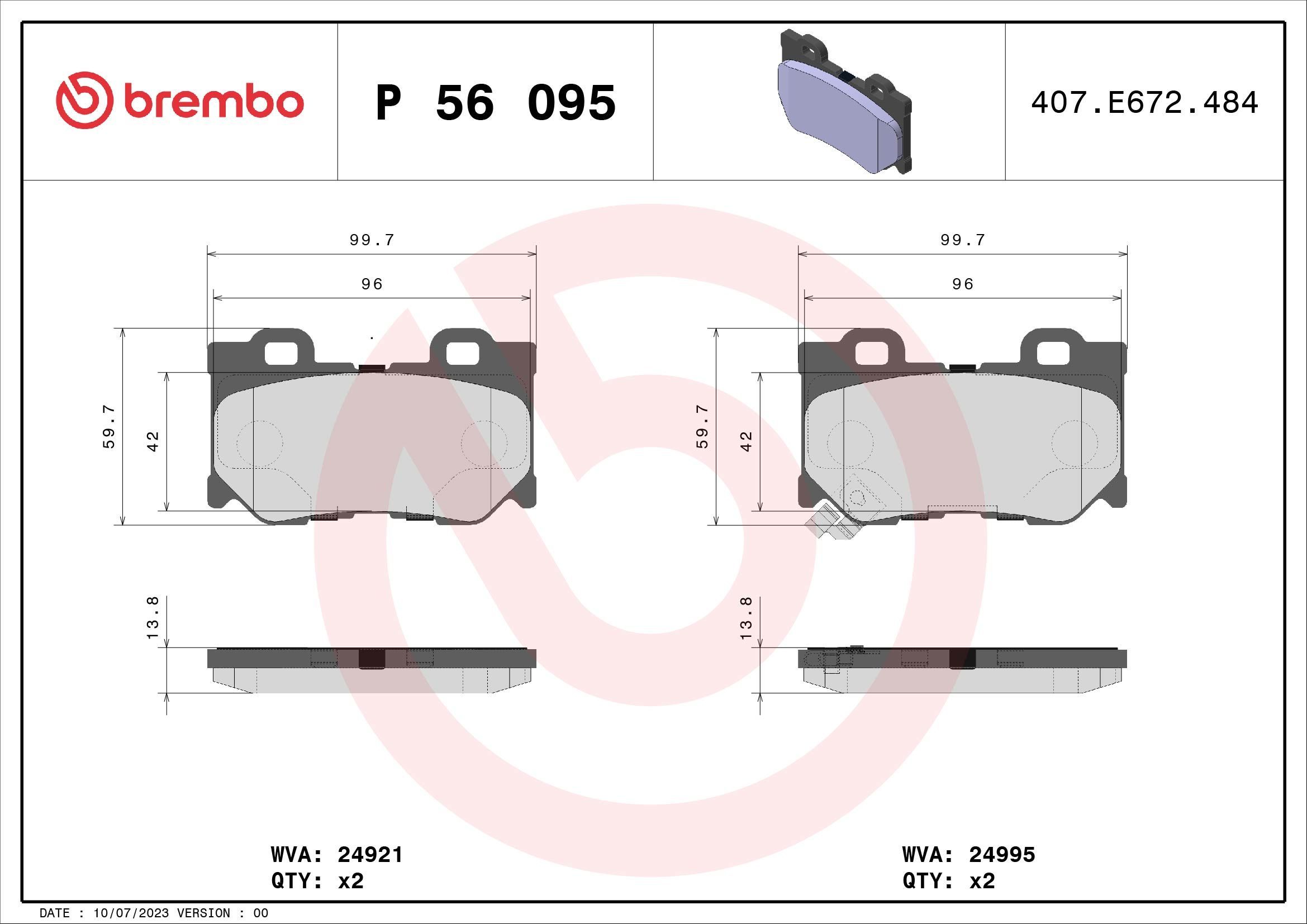 Stabdžių trinkelių rinkinys, diskinis stabdys BREMBO P 56 095