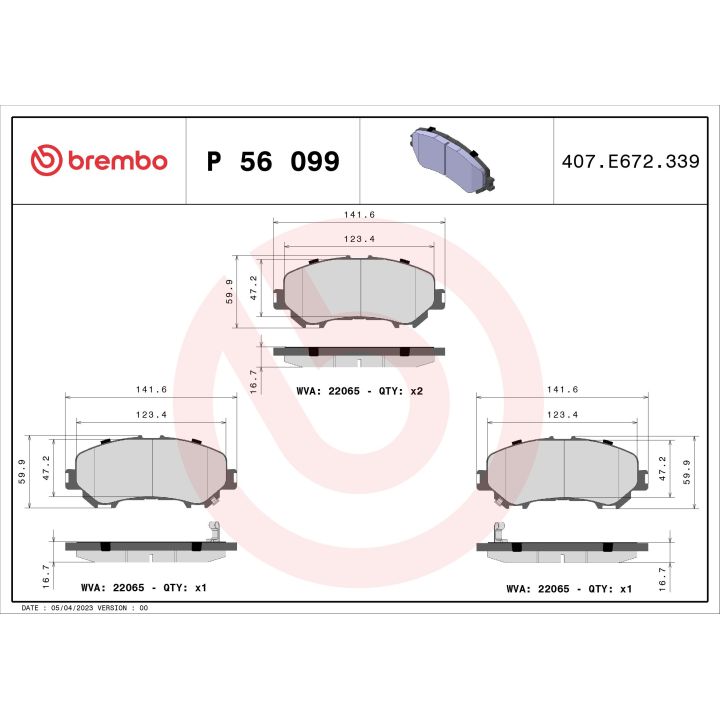 Stabdžių trinkelių rinkinys, diskinis stabdys BREMBO P 56 099