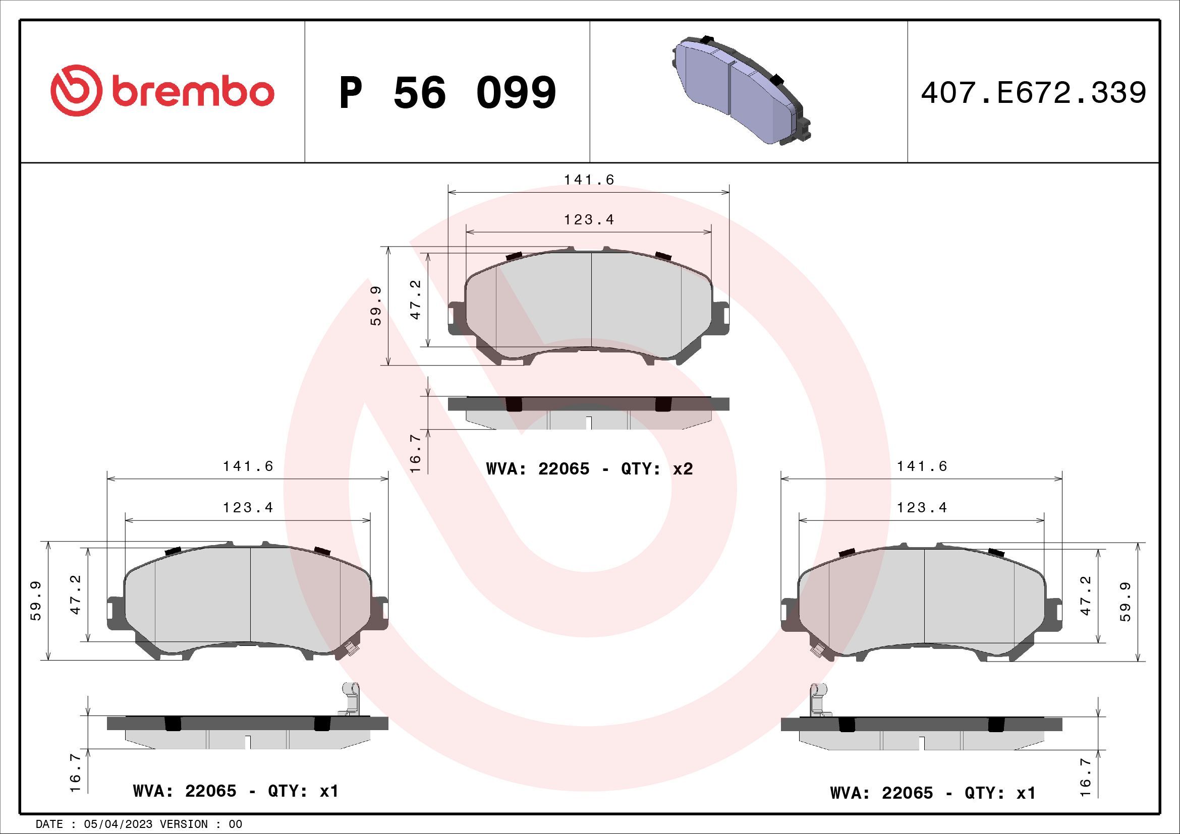 Stabdžių trinkelių rinkinys, diskinis stabdys BREMBO P 56 099