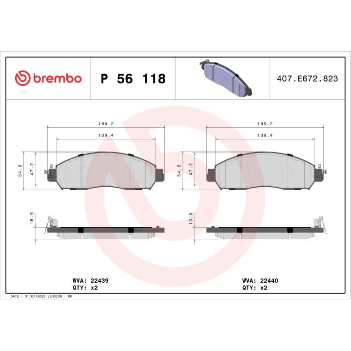 Stabdžių trinkelių rinkinys, diskinis stabdys BREMBO P 56 118
