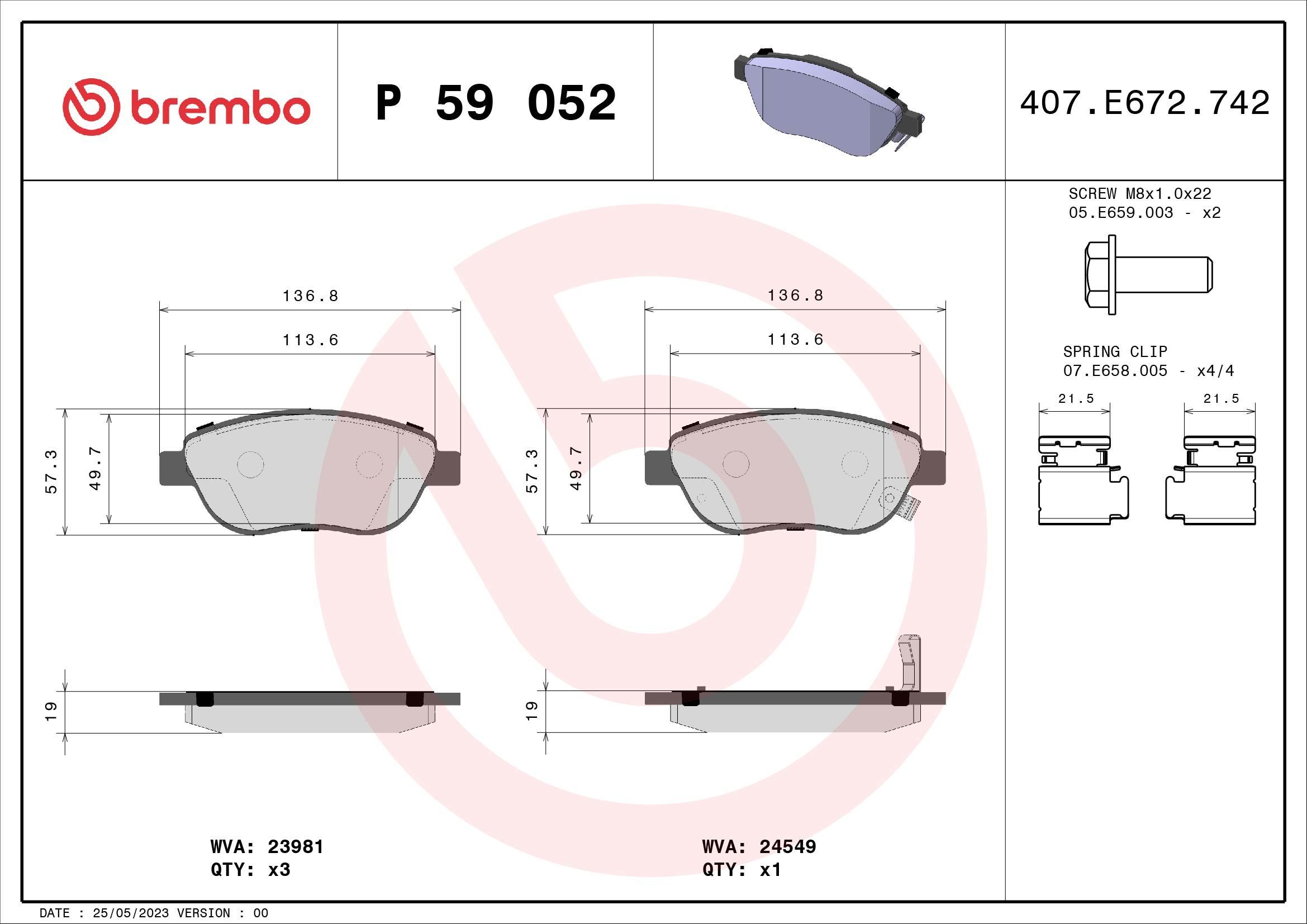 Stabdžių trinkelių rinkinys, diskinis stabdys BREMBO P 59 052
