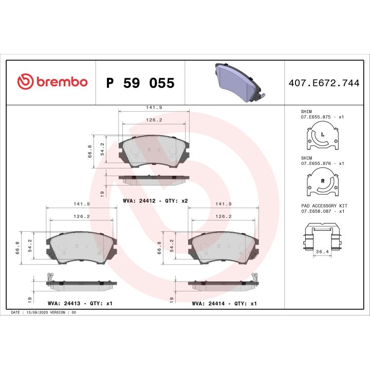 Stabdžių trinkelių rinkinys, diskinis stabdys BREMBO P 59 055