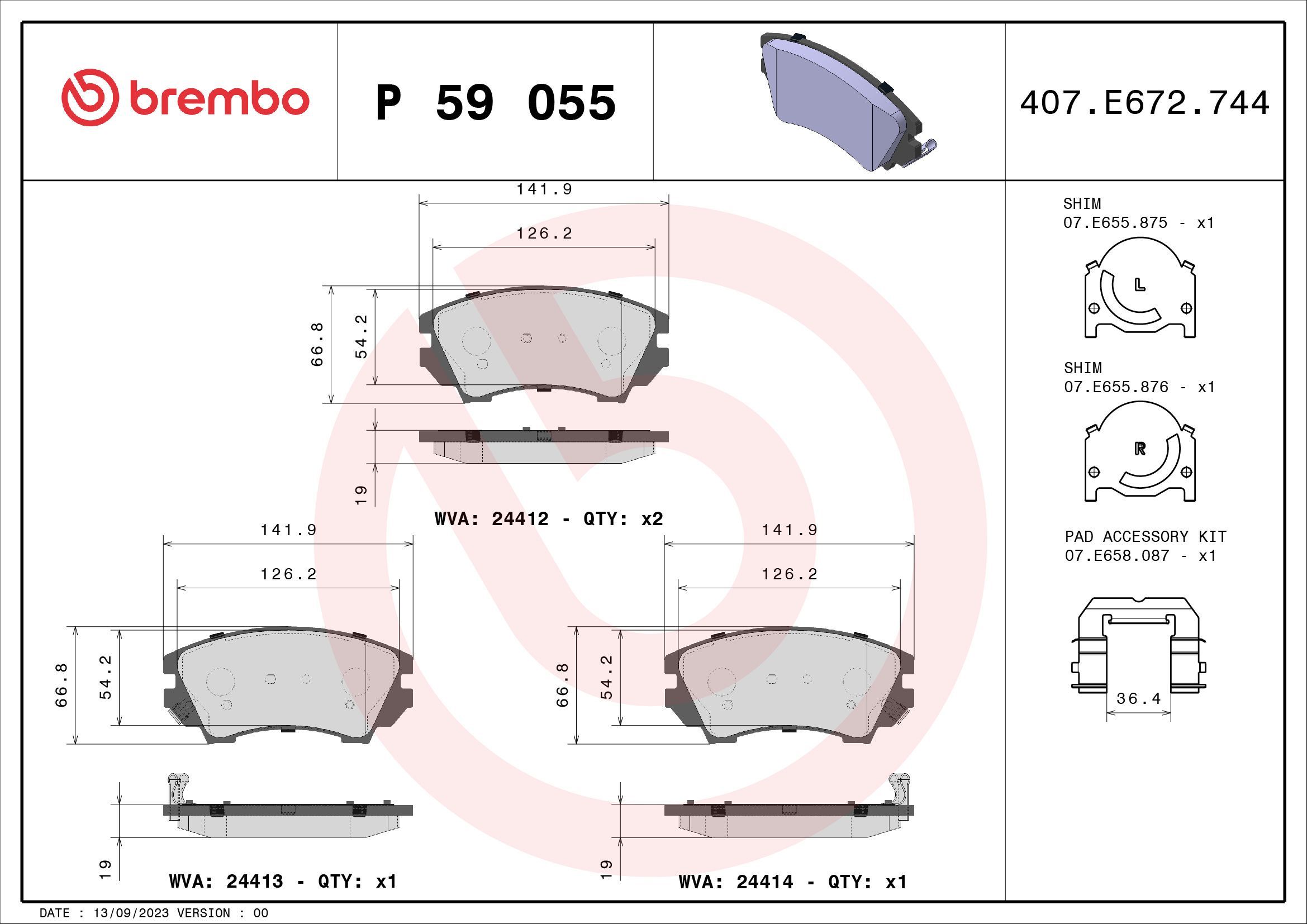 Stabdžių trinkelių rinkinys, diskinis stabdys BREMBO P 59 055