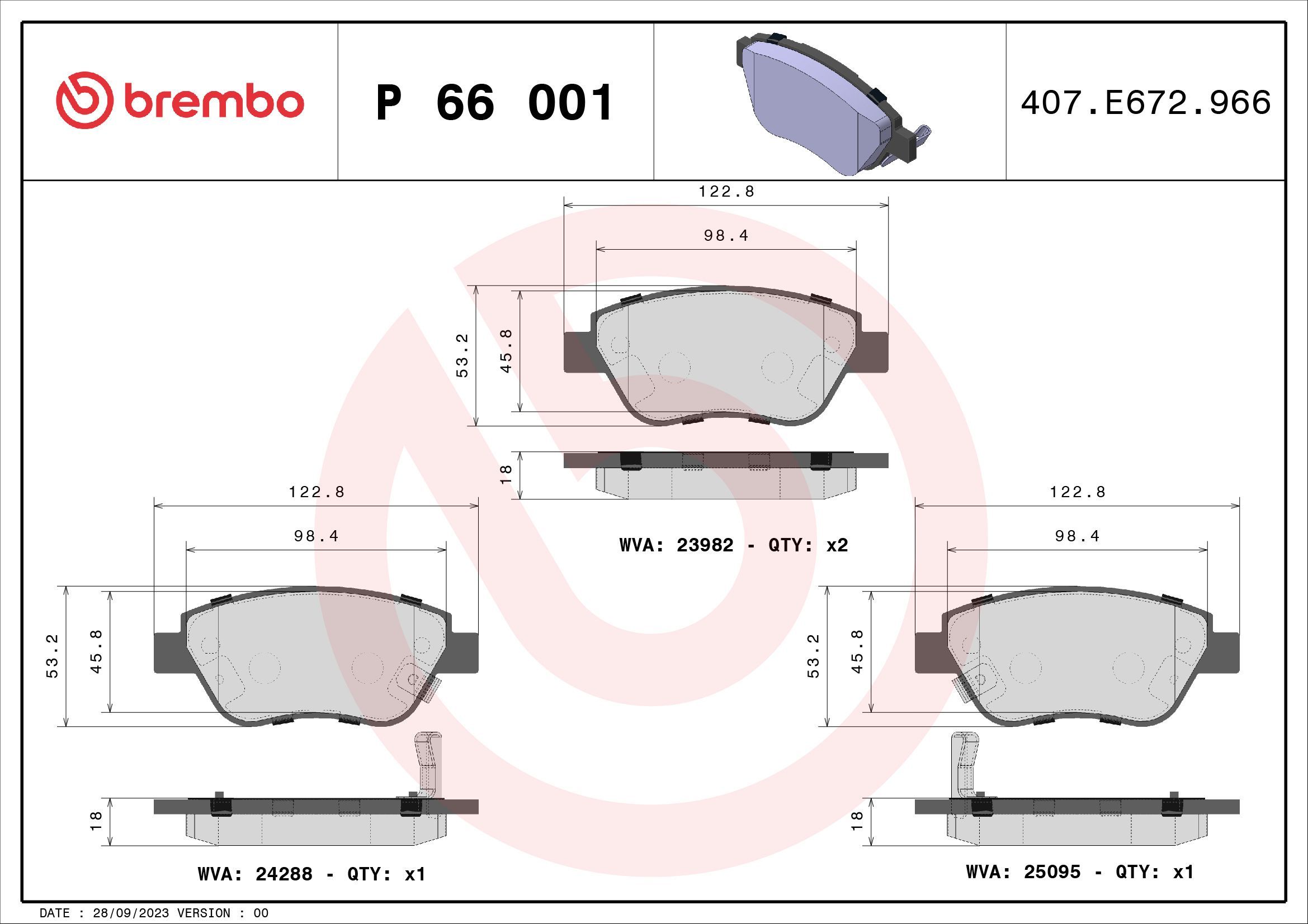 Stabdžių trinkelių rinkinys, diskinis stabdys BREMBO P 66 001