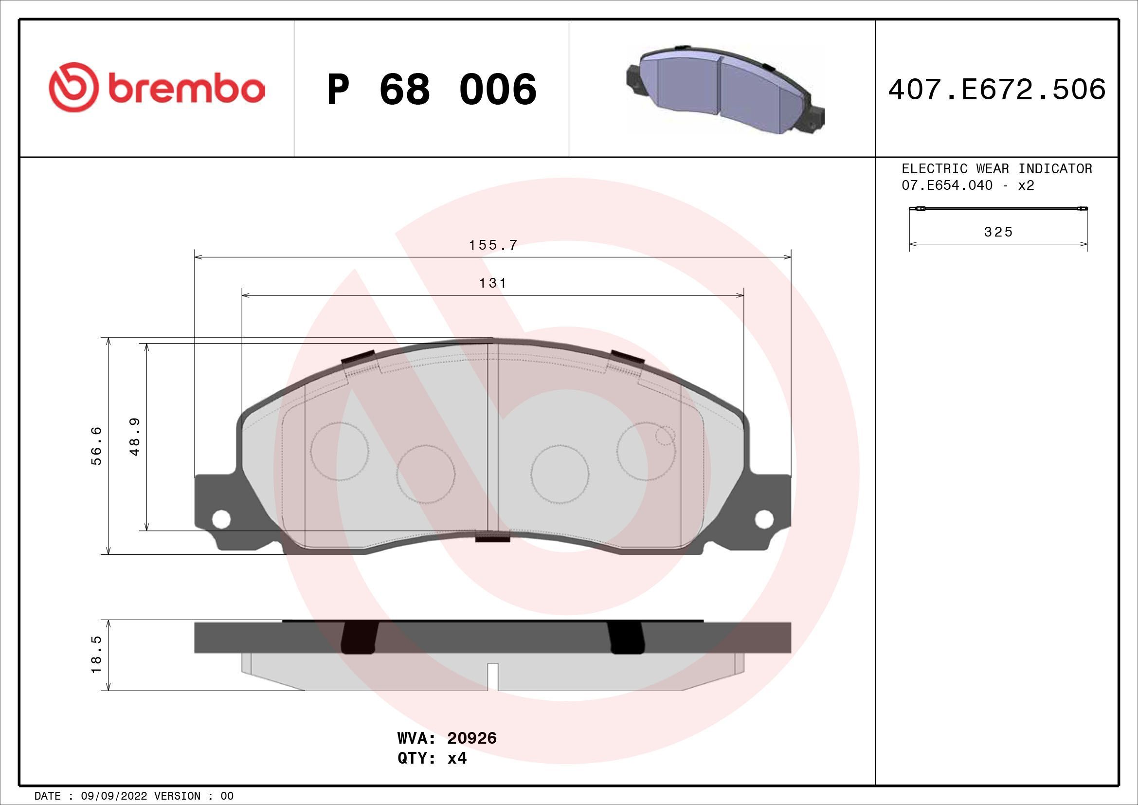 Stabdžių trinkelių rinkinys, diskinis stabdys BREMBO P 68 006