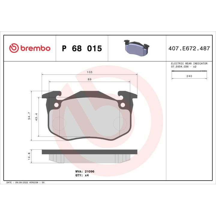 Stabdžių trinkelių rinkinys, diskinis stabdys BREMBO P 68 015