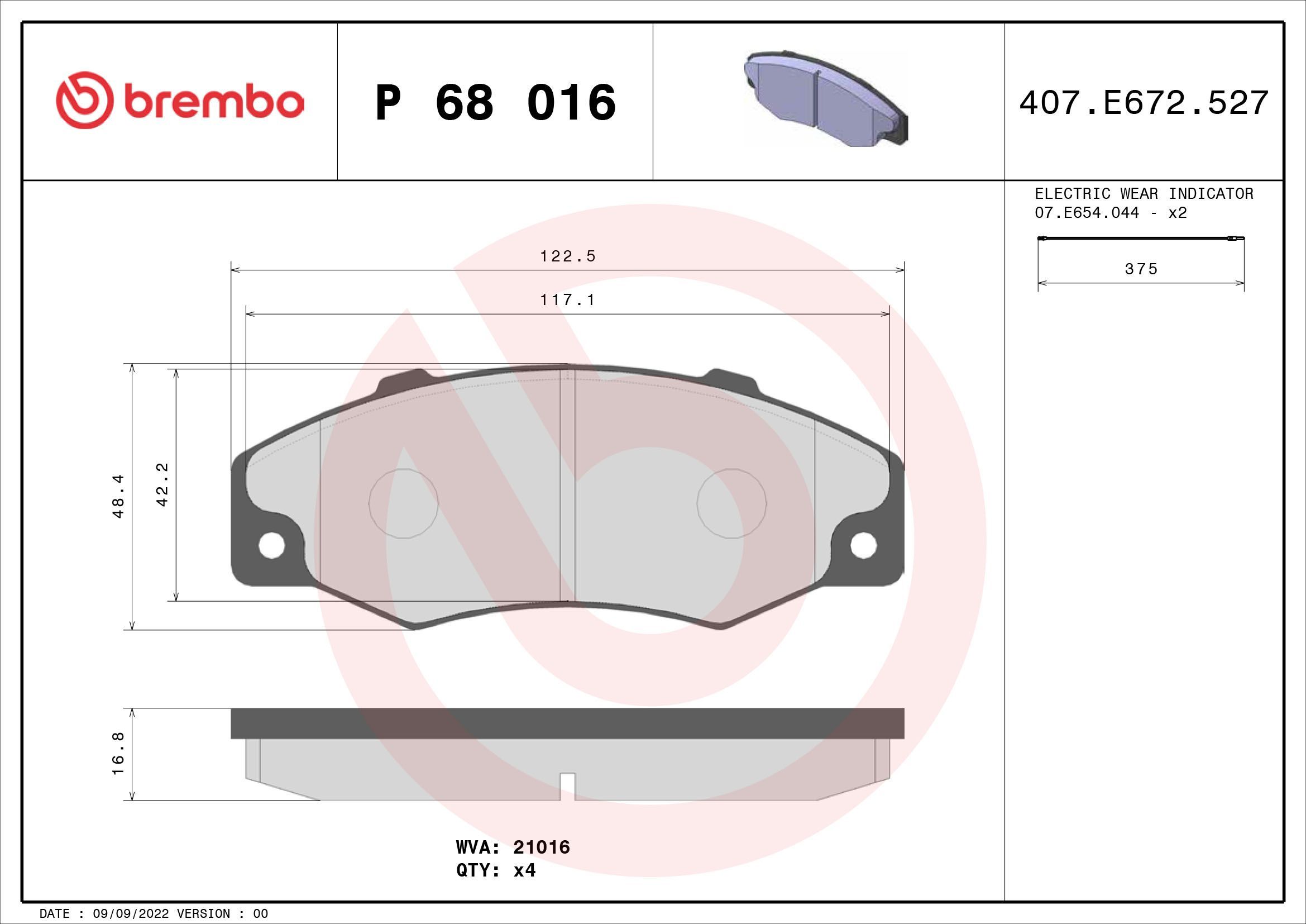 Stabdžių trinkelių rinkinys, diskinis stabdys BREMBO P 68 016
