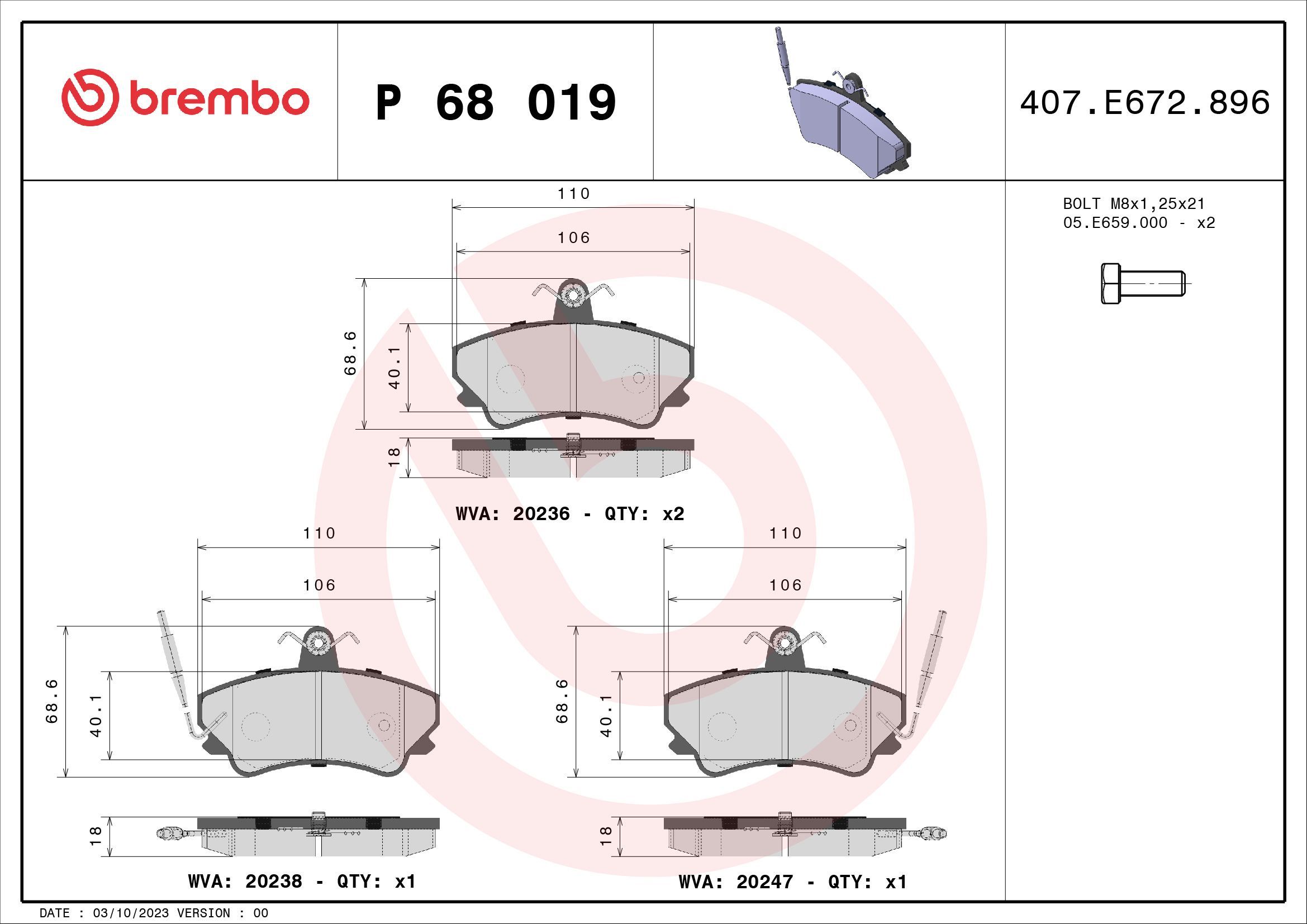 Stabdžių trinkelių rinkinys, diskinis stabdys BREMBO P 68 019