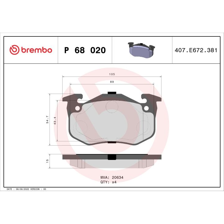 Stabdžių trinkelių rinkinys, diskinis stabdys BREMBO P 68 020