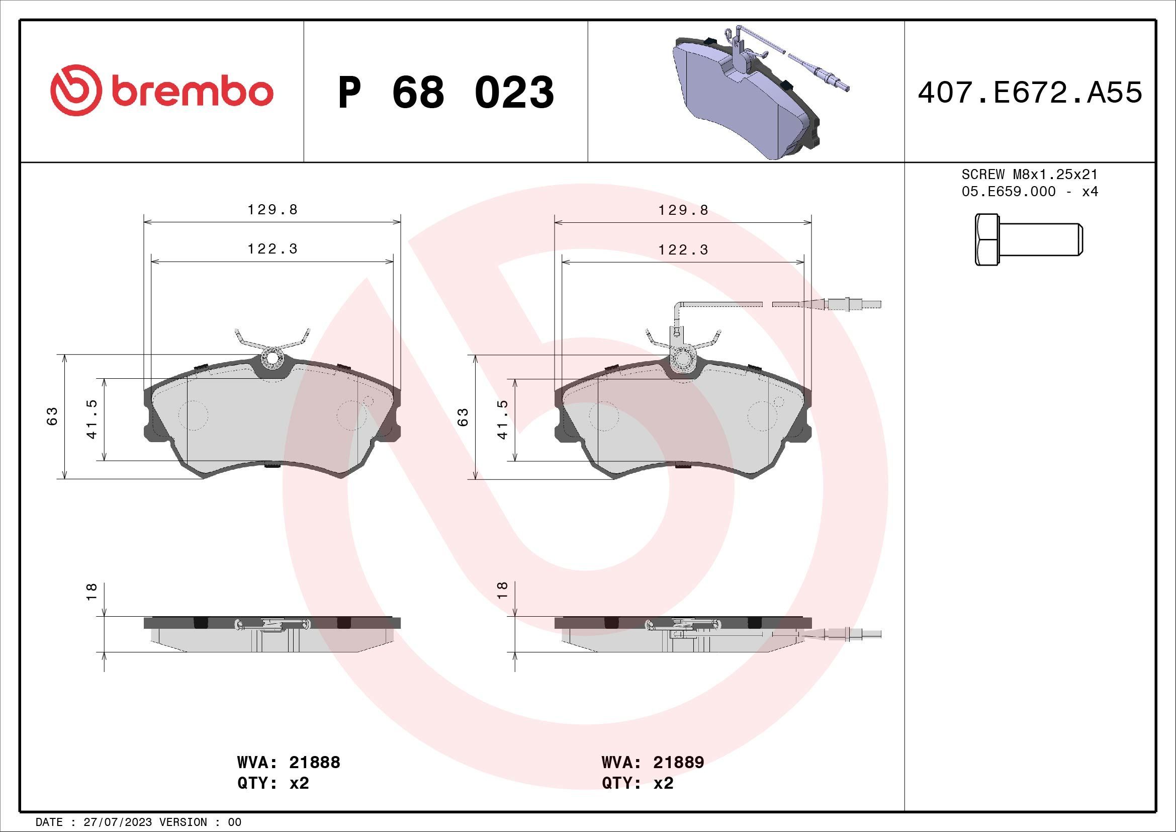 Stabdžių trinkelių rinkinys, diskinis stabdys BREMBO P 68 023