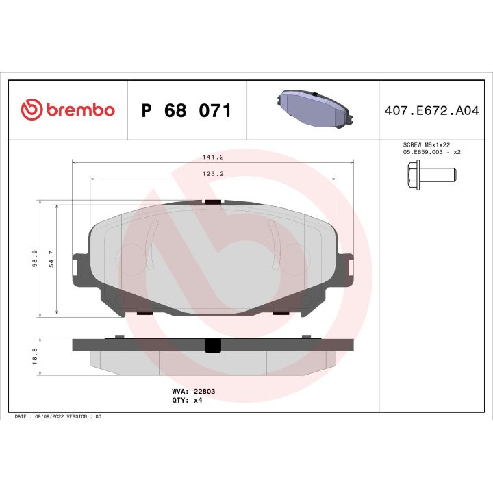 Stabdžių trinkelių rinkinys, diskinis stabdys BREMBO P 68 071X