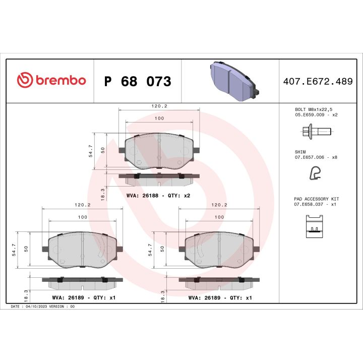 Stabdžių trinkelių rinkinys, diskinis stabdys BREMBO P 68 073