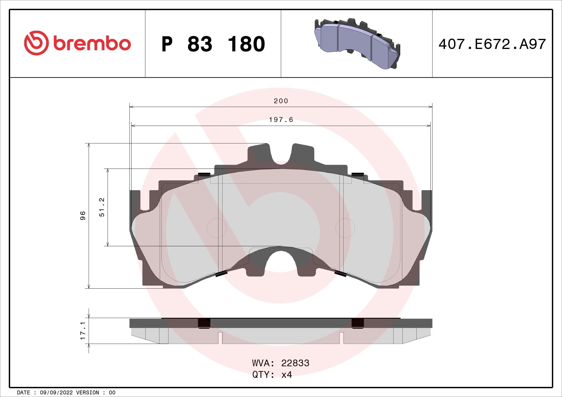 Stabdžių trinkelių rinkinys, diskinis stabdys BREMBO P 83 180