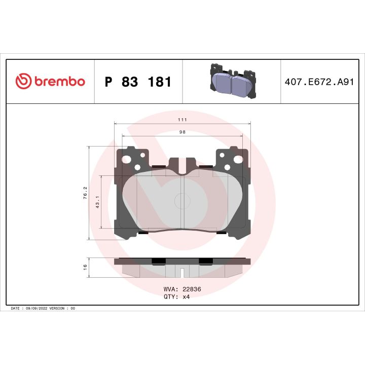 Stabdžių trinkelių rinkinys, diskinis stabdys BREMBO P 83 181