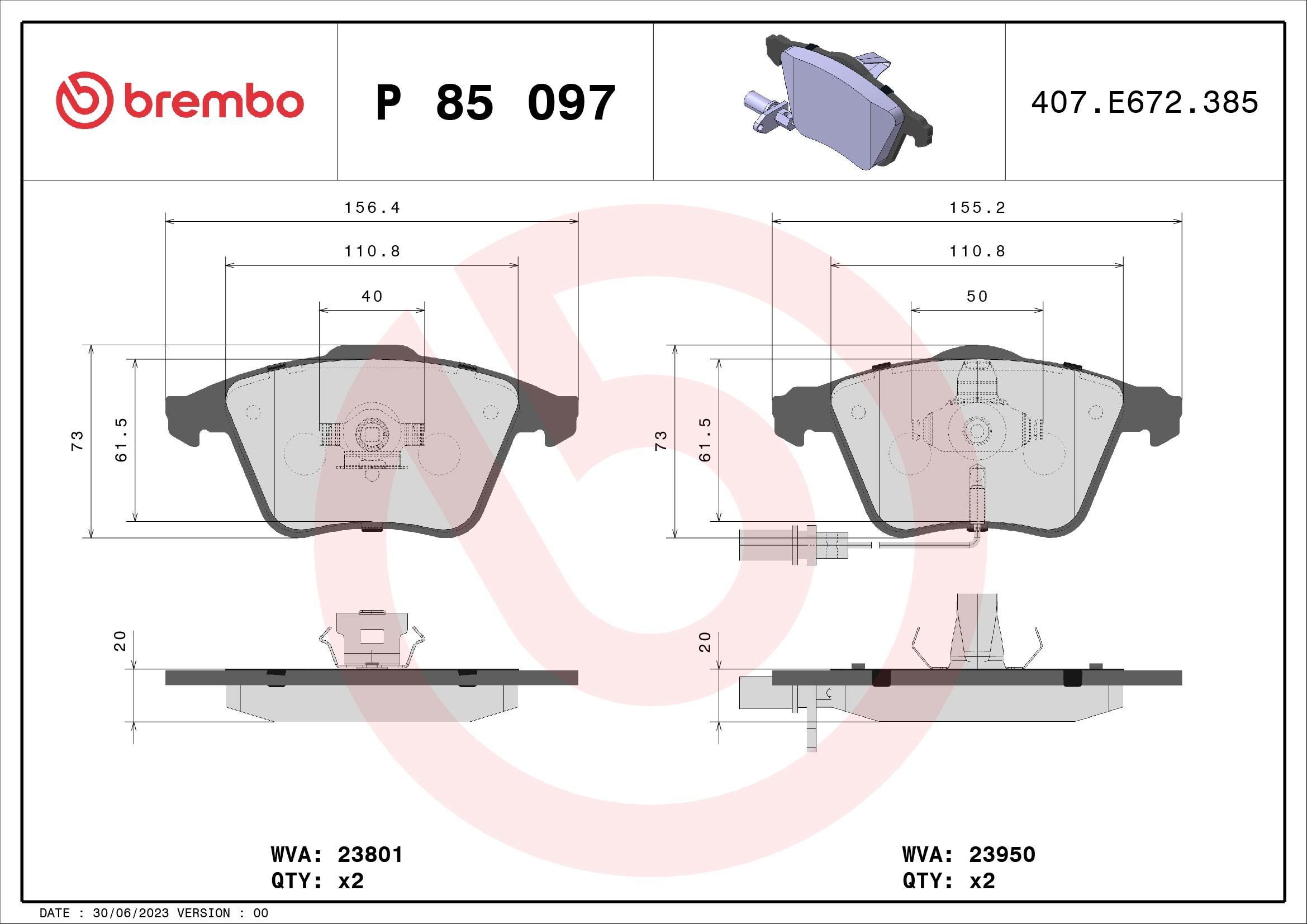 Stabdžių trinkelių rinkinys, diskinis stabdys BREMBO P 85 097