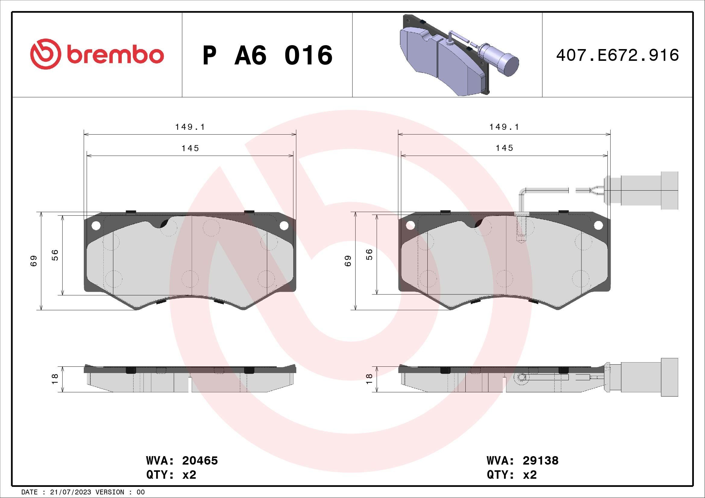 Stabdžių trinkelių rinkinys, diskinis stabdys BREMBO P A6 016