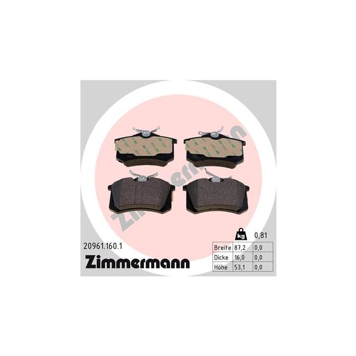 Stabdžių trinkelių rinkinys, diskinis stabdys ZIMMERMANN 20961.160.1
