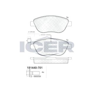 Stabdžių trinkelių rinkinys, diskinis stabdys ICER 181440-701