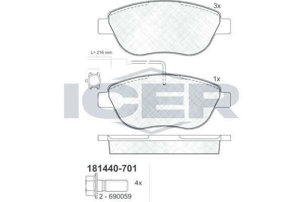 Stabdžių trinkelių rinkinys, diskinis stabdys ICER 181440-701