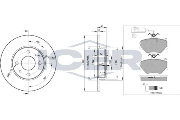 Stabdžių rinkinys, diskiniai stabdžiai ICER 30729-3465
