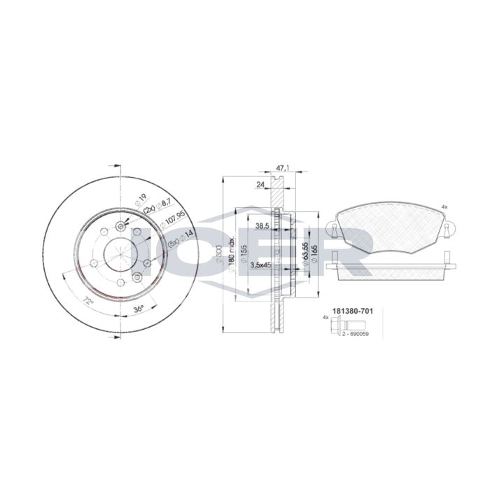 Stabdžių rinkinys, diskiniai stabdžiai ICER 31380-6767
